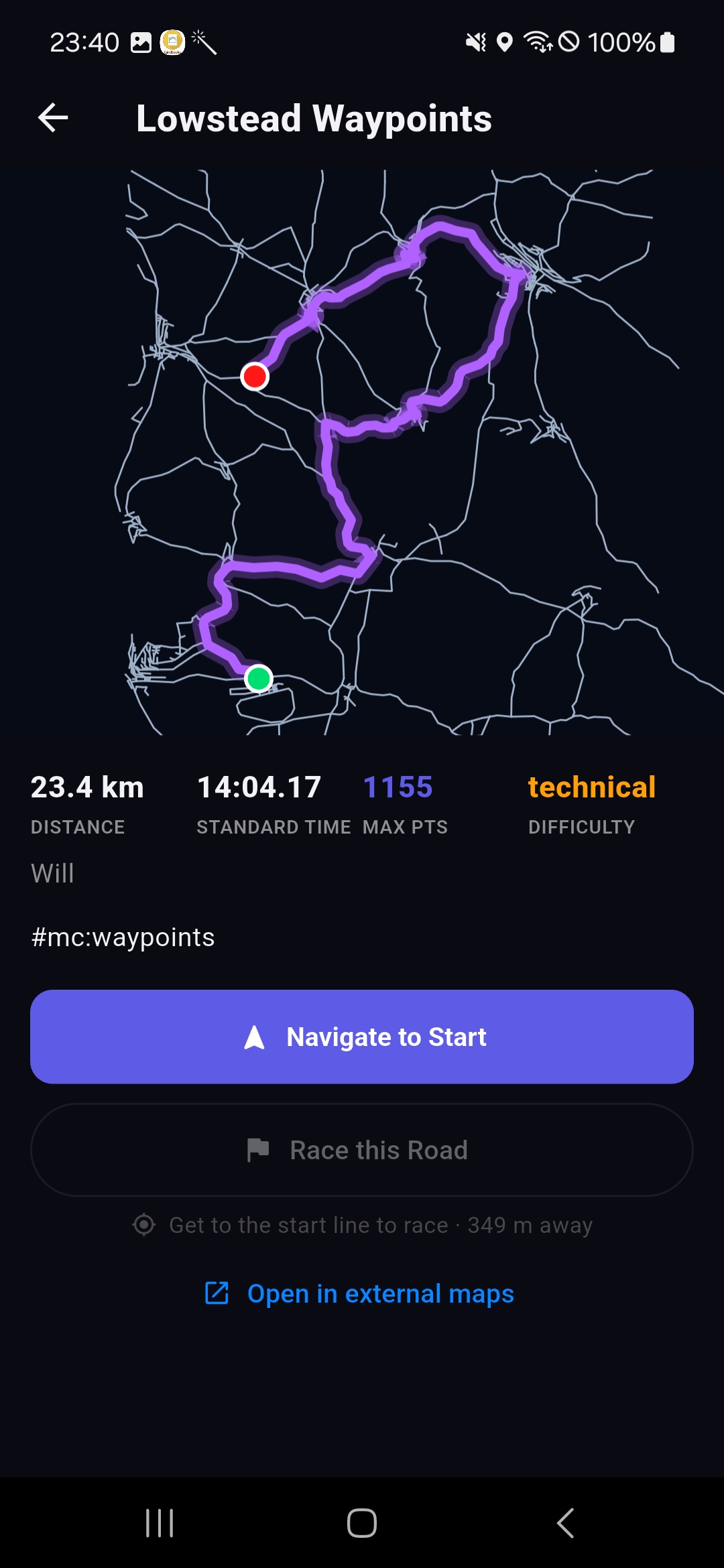 Race map detail with distance, standard time and points